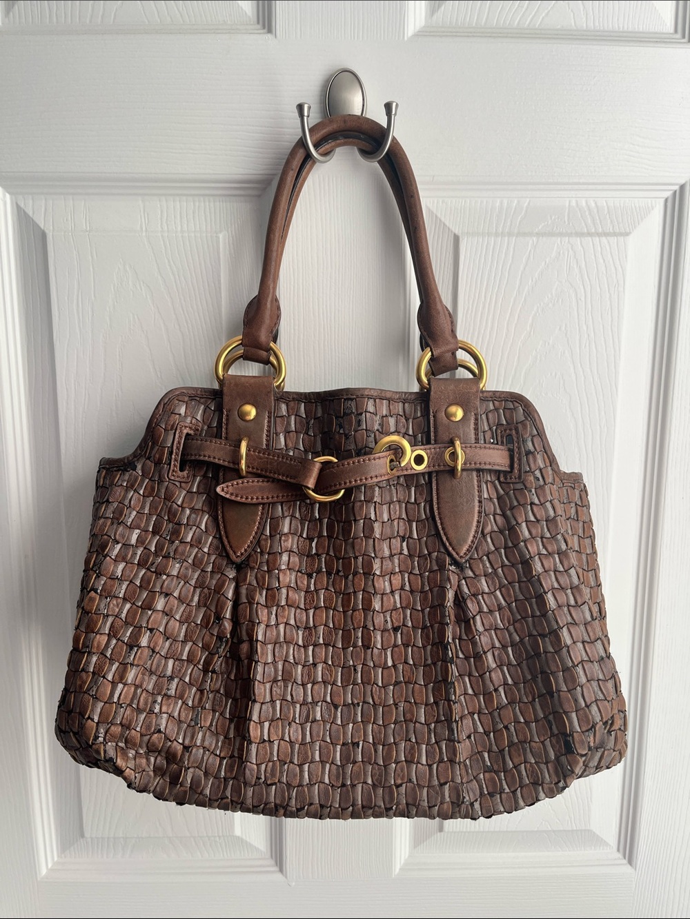 Miu Miu Vintage Fango Intreccio Woven Leather Tote bag